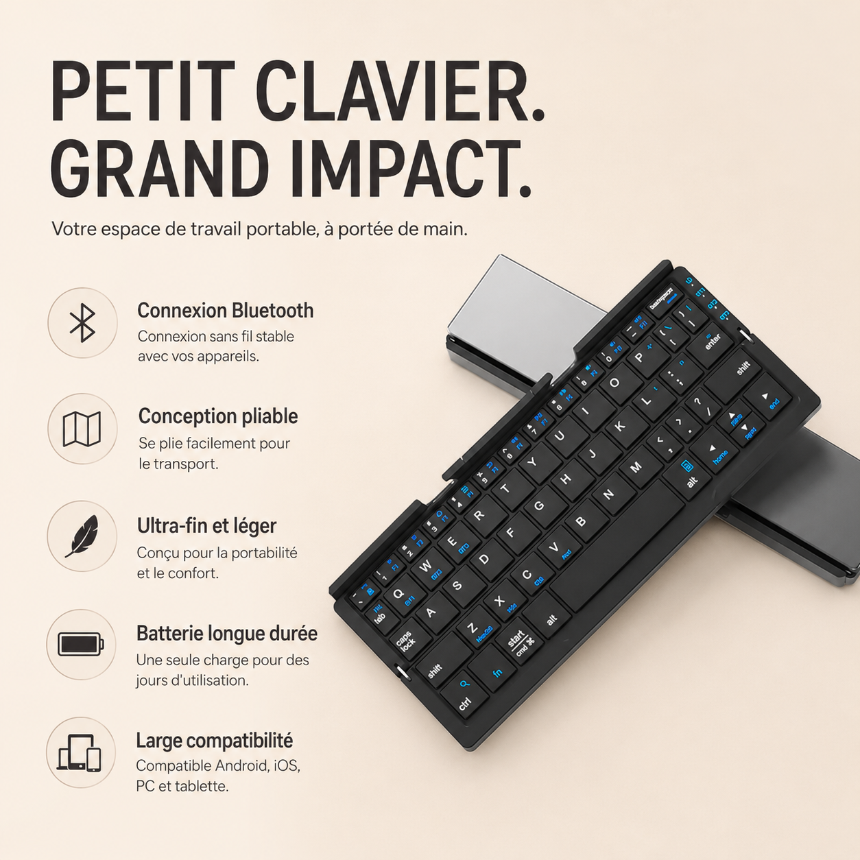 Mini clavier sans fil pliable ultra-fin noir