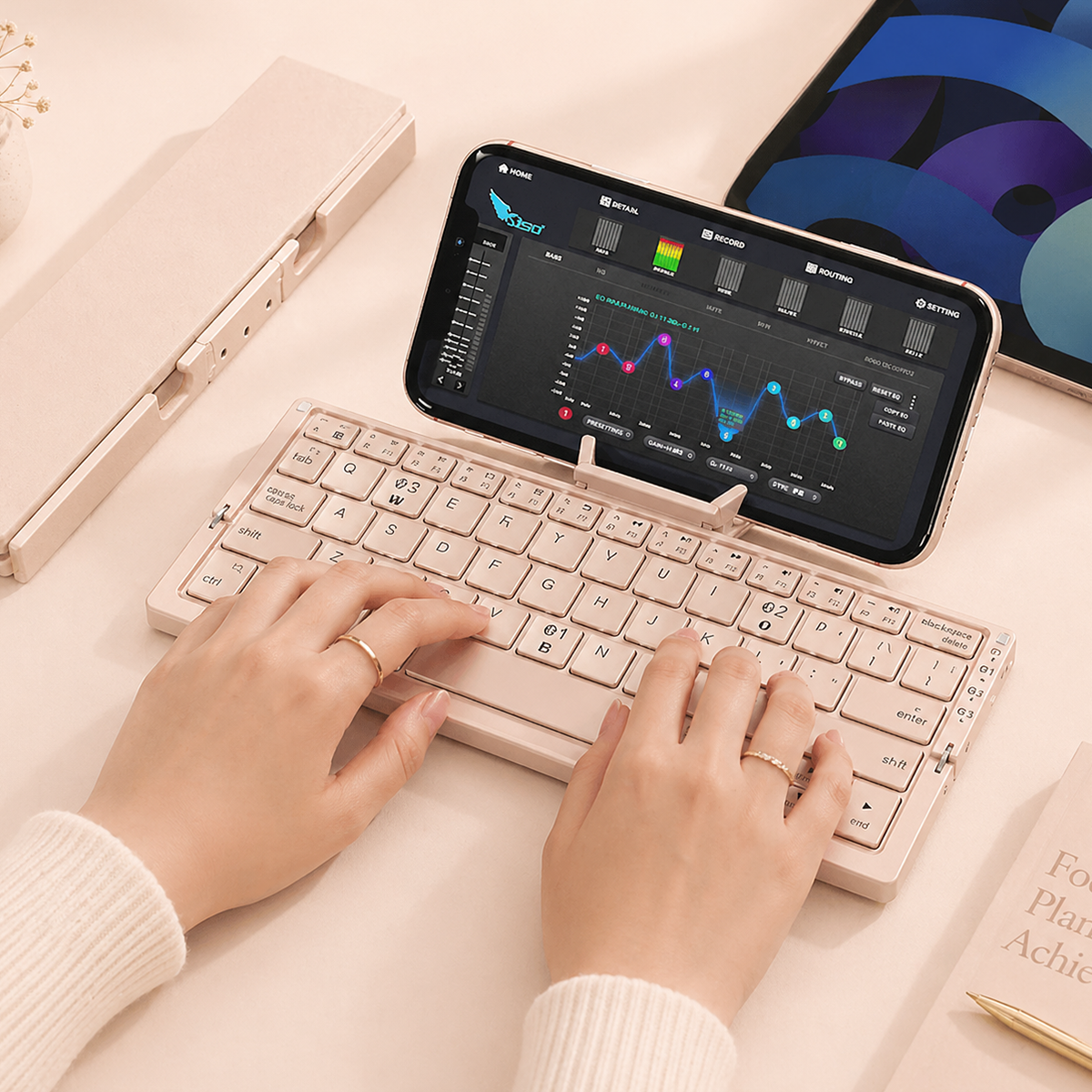 Mini clavier sans fil pliable ultra-fin rose