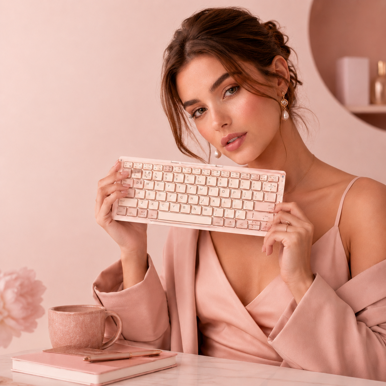Mini clavier sans fil pliable ultra-fin rose