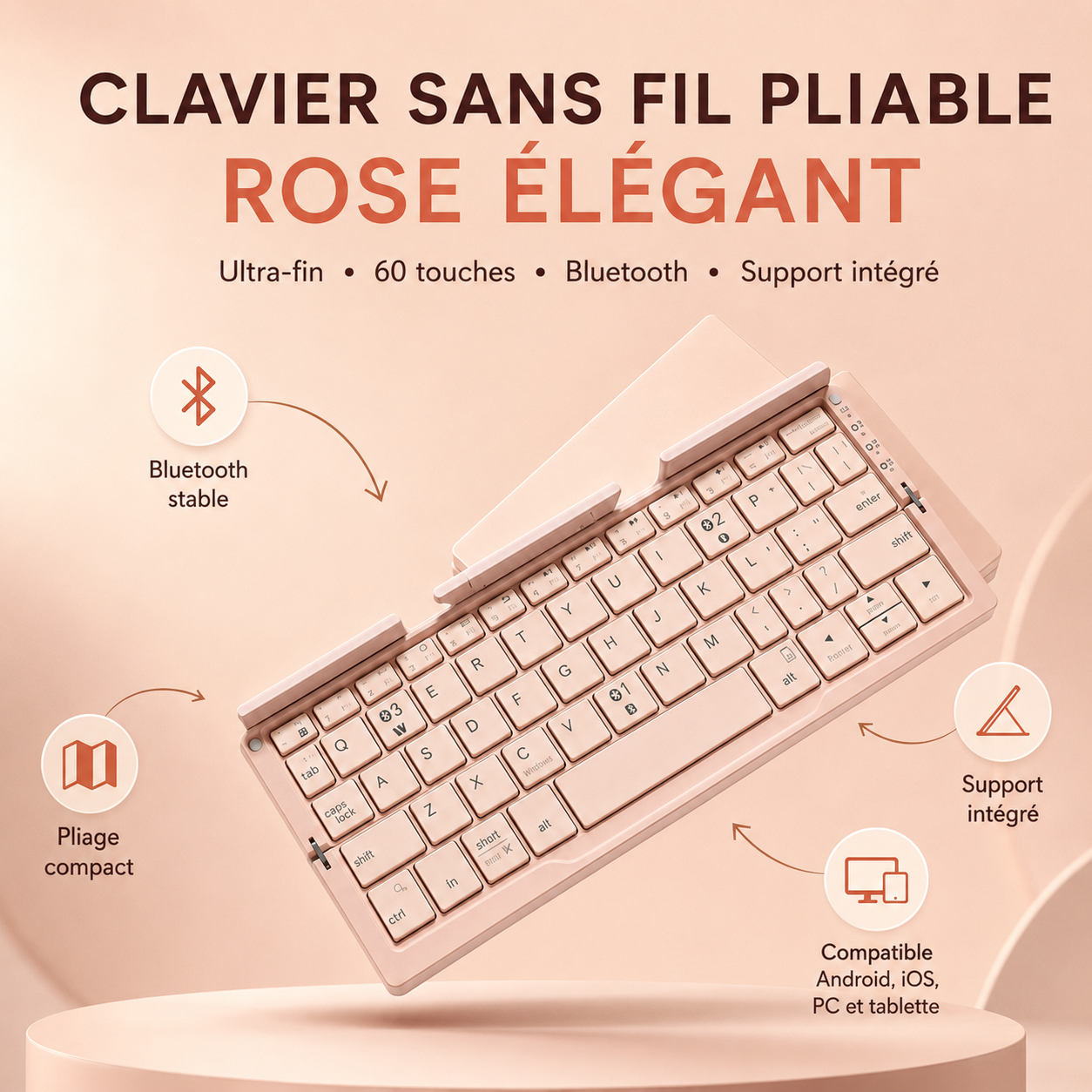 Mini clavier sans fil pliable ultra-fin rose