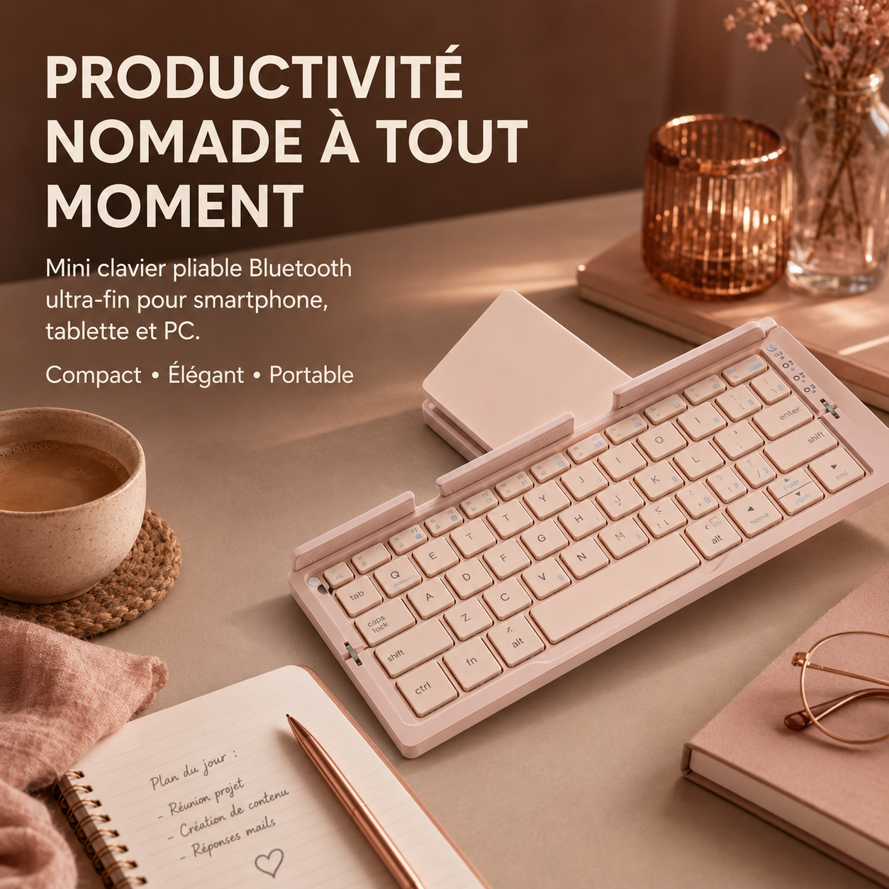 Mini clavier sans fil pliable ultra-fin rose