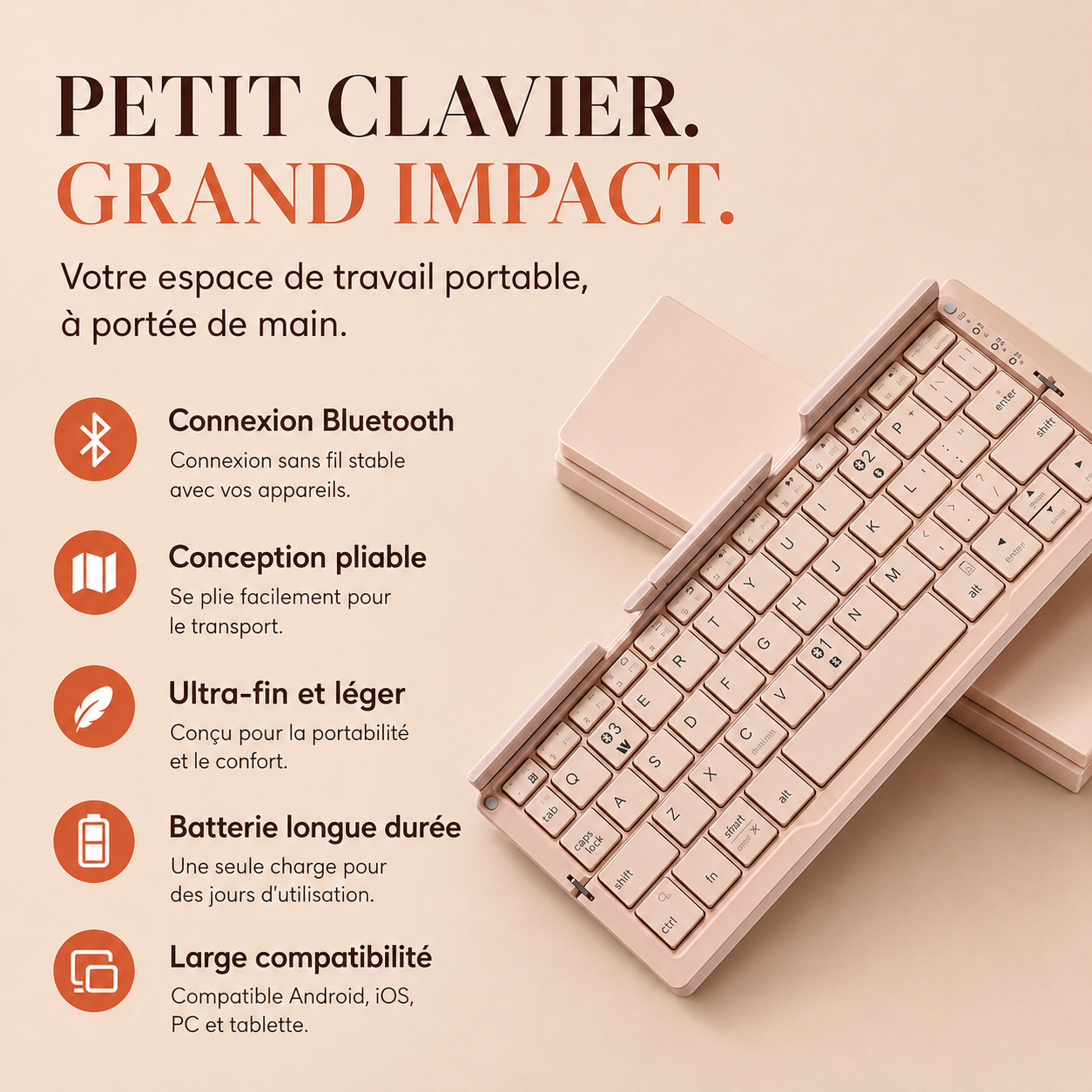 Mini clavier sans fil pliable ultra-fin rose