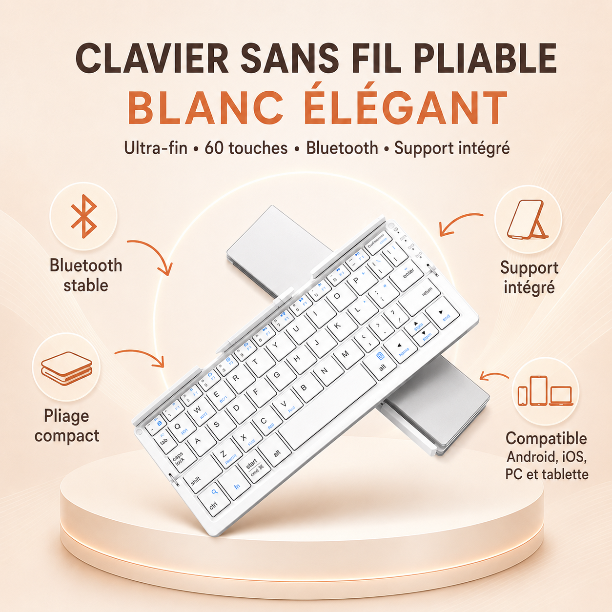 Mini clavier sans fil pliable ultra-fin blanc