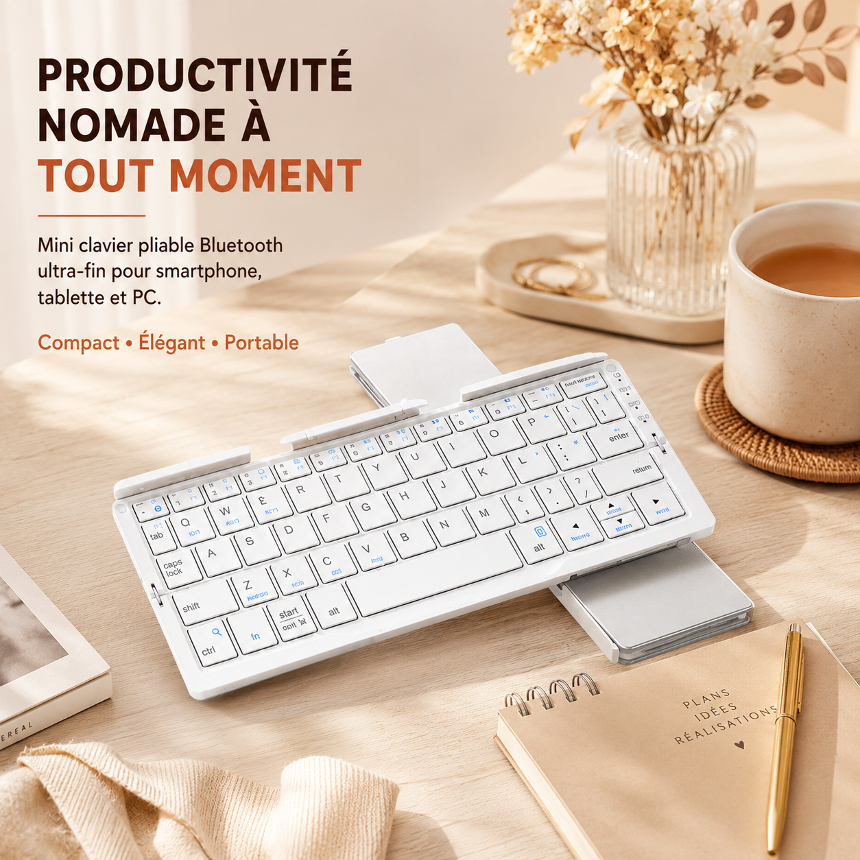 Mini clavier sans fil pliable ultra-fin blanc