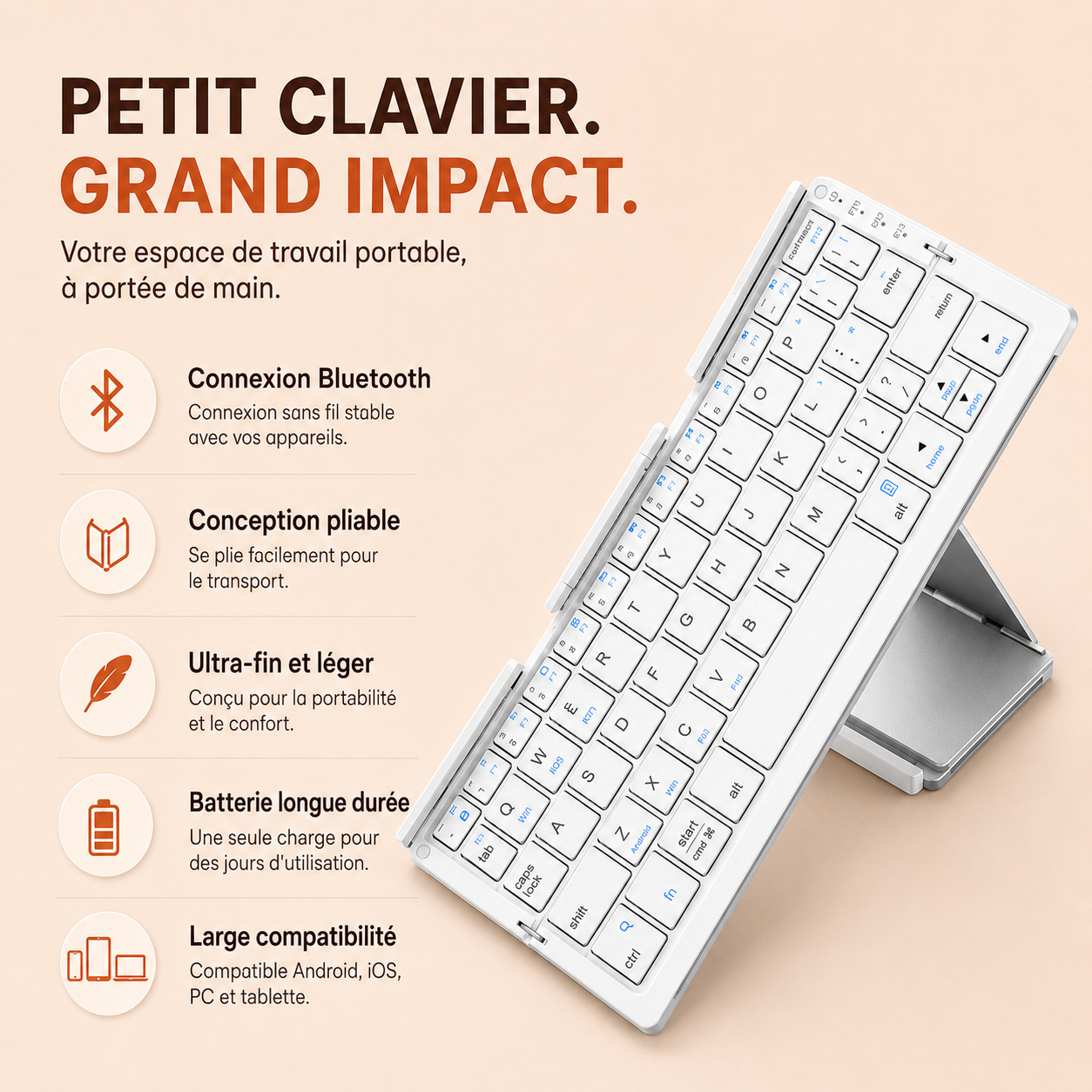 Mini clavier sans fil pliable ultra-fin blanc