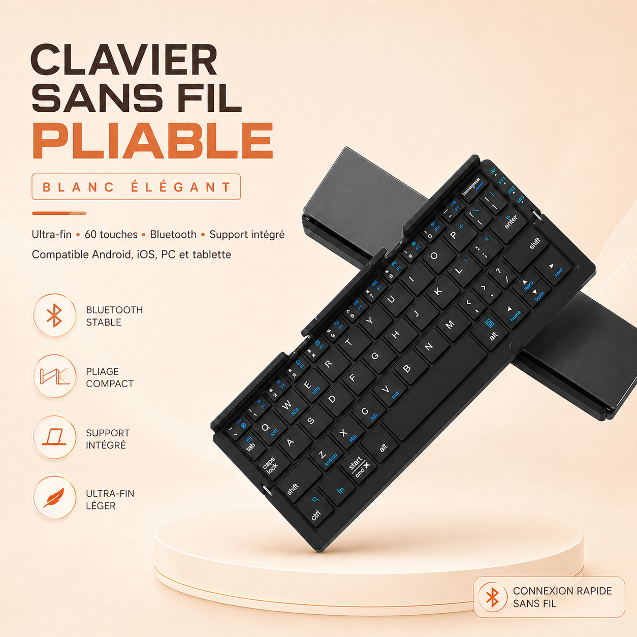 Mini clavier sans fil pliable ultra-fin noir